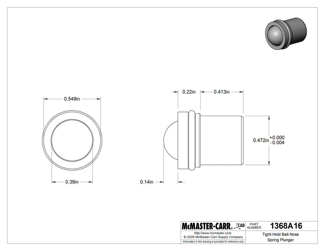 Technical Drawing of Tight-Hold Ball-Nose Spring Plunger, 0.473" Body Diameter.